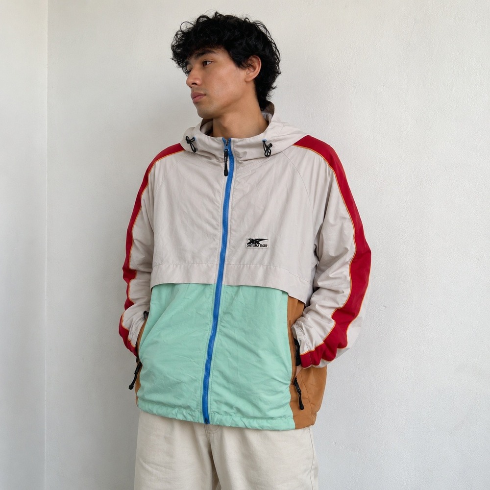 Onitsuka Tiger Mens Jacket Large Colorblock Hooded Zip Windbreaker Retro